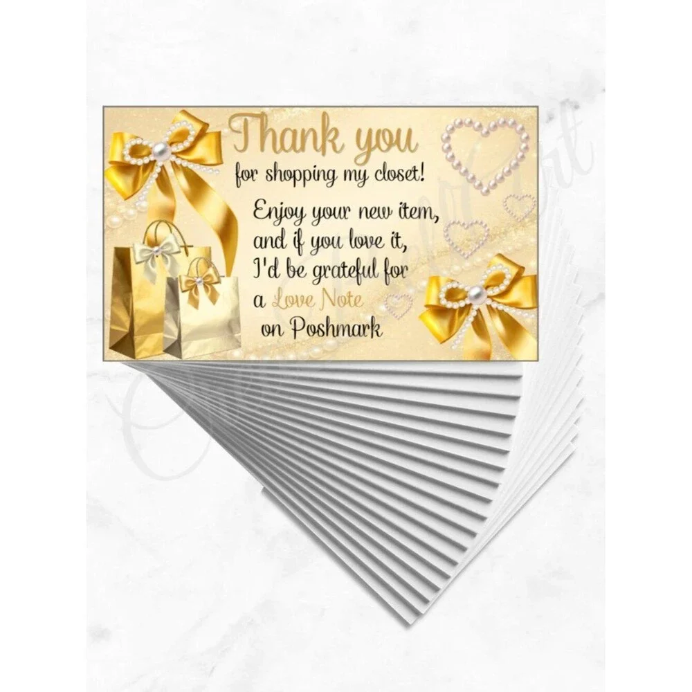100  Thank You Cards | Gold Elegant Pearl & Bow Design for Small Business